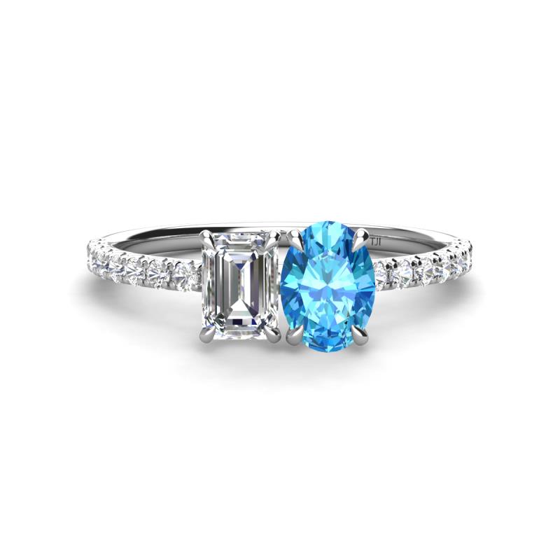 Galina 7x5 mm Emerald Cut Forever Brilliant Moissanite and 8x6 mm Oval Blue Topaz 2 Stone Duo Ring 