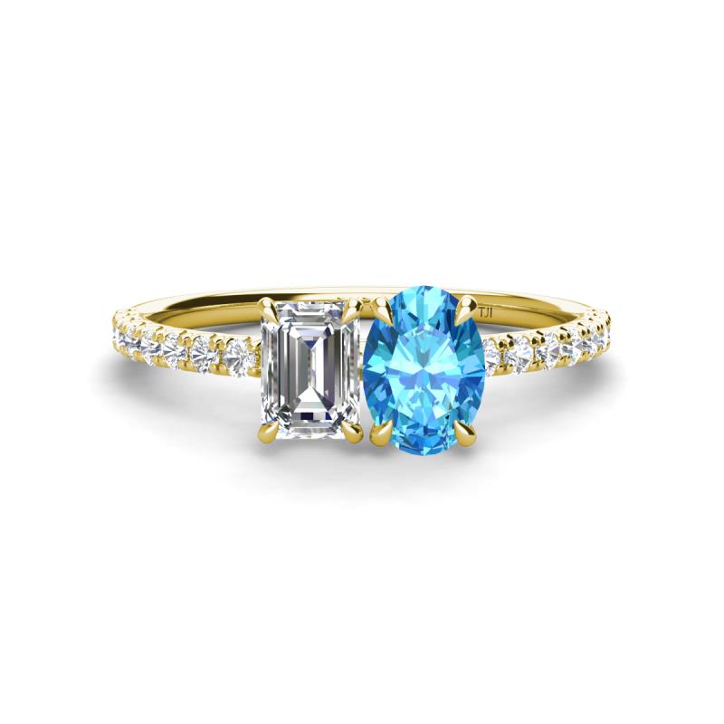 Galina 7x5 mm Emerald Cut Forever One Moissanite and 8x6 mm Oval Blue Topaz 2 Stone Duo Ring 