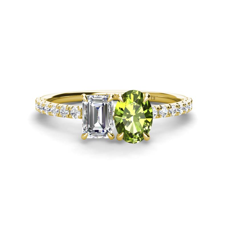 Galina 7x5 mm Emerald Cut Forever Brilliant Moissanite and 8x6 mm Oval Peridot 2 Stone Duo Ring 