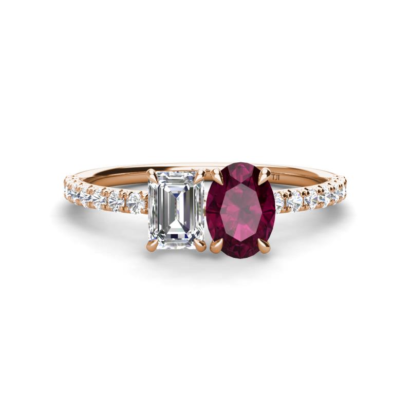 Galina 7x5 mm Emerald Cut Forever Brilliant Moissanite and 8x6 mm Oval Rhodolite Garnet 2 Stone Duo Ring 