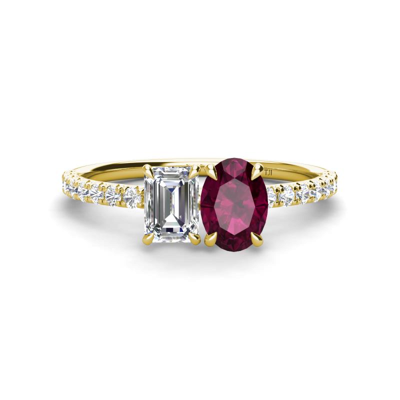 Galina 7x5 mm Emerald Cut Forever One Moissanite and 8x6 mm Oval Rhodolite Garnet 2 Stone Duo Ring 