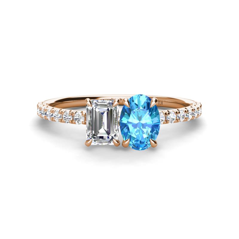 Galina 7x5 mm Emerald Cut Forever Brilliant Moissanite and 8x6 mm Oval Blue Topaz 2 Stone Duo Ring 
