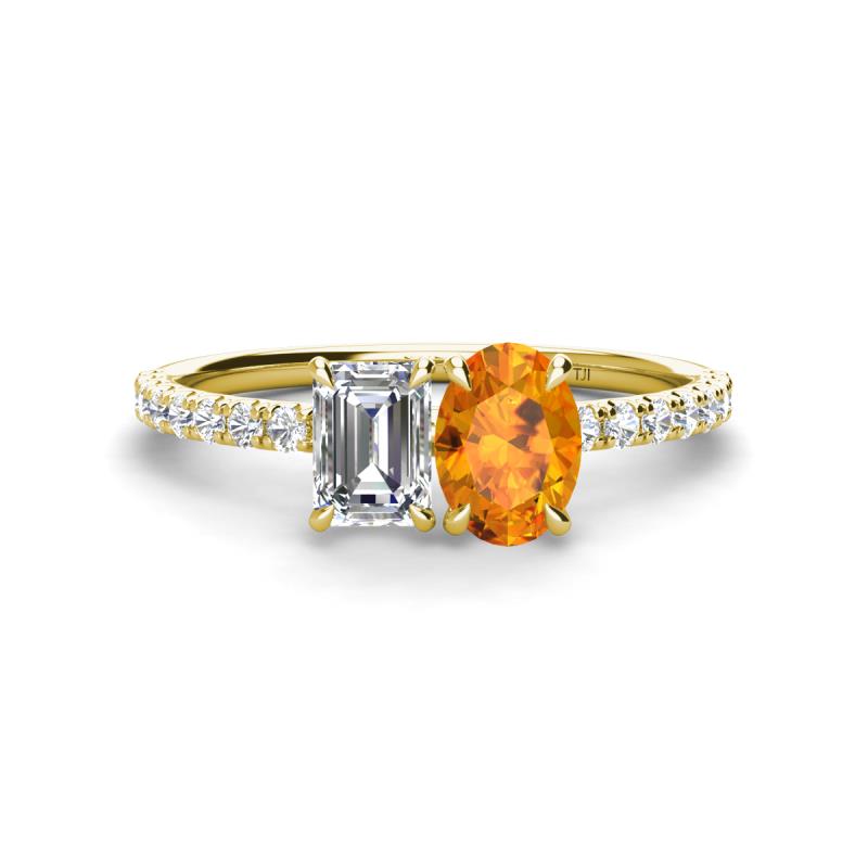 Galina 7x5 mm Emerald Cut Forever Brilliant Moissanite and 8x6 mm Oval Citrine 2 Stone Duo Ring 