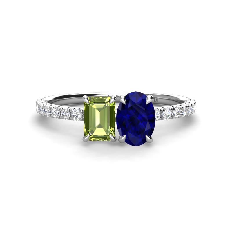 Galina 7x5 mm Emerald Cut Peridot and 8x6 mm Oval Blue Sapphire 2 Stone Duo Ring 
