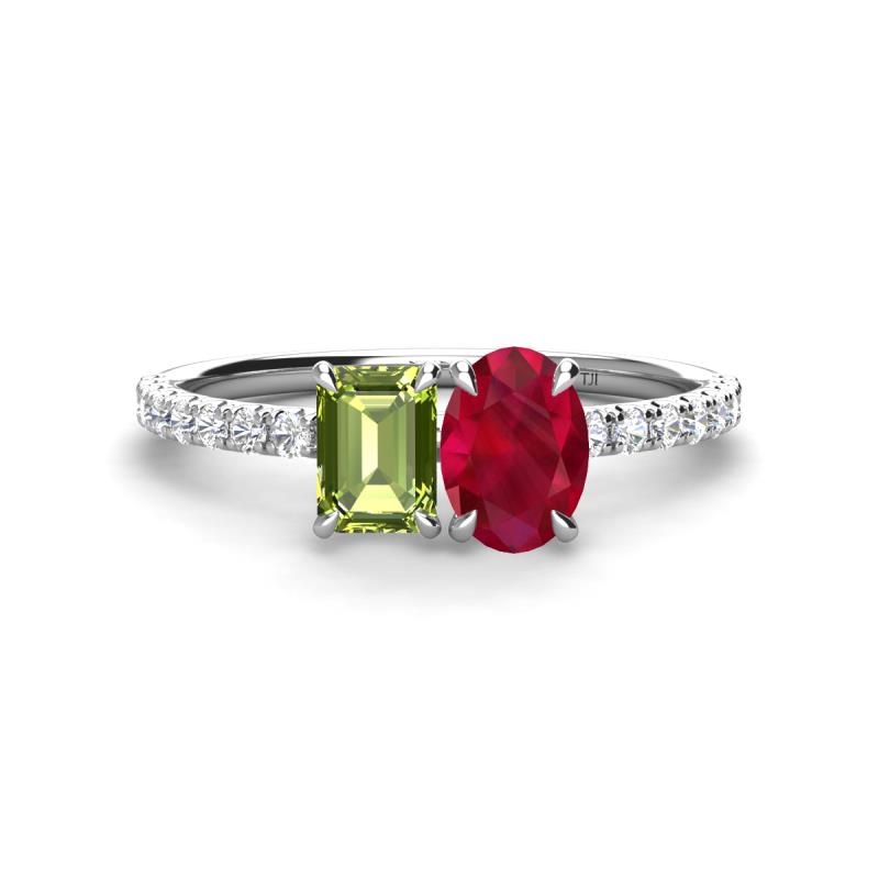 Galina 7x5 mm Emerald Cut Peridot and 8x6 mm Oval Ruby 2 Stone Duo Ring 