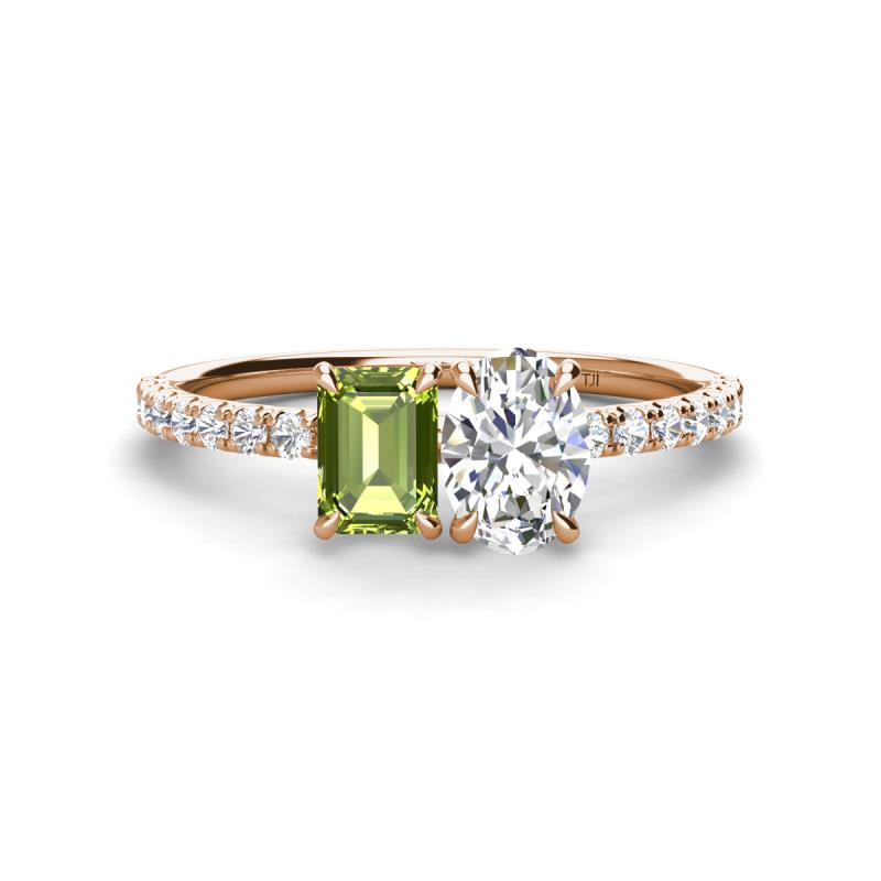 Galina 7x5 mm Emerald Cut Peridot and IGI Certified 8x6 mm Oval Lab Grown Diamond 2 Stone Duo Ring 