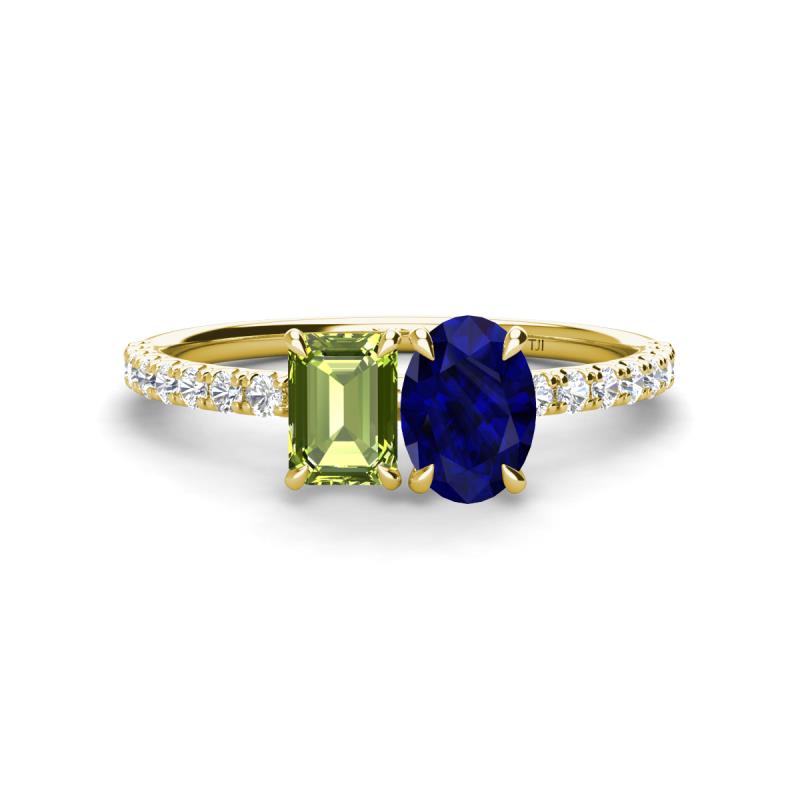 Galina 7x5 mm Emerald Cut Peridot and 8x6 mm Oval Blue Sapphire 2 Stone Duo Ring 