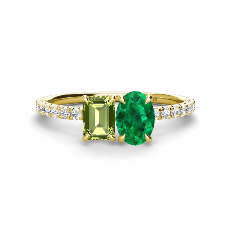 Galina 7x5 mm Emerald Cut Peridot and 8x6 mm Oval Emerald 2 Stone Duo Ring 