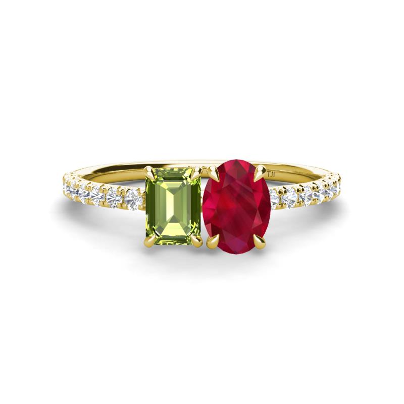 Galina 7x5 mm Emerald Cut Peridot and 8x6 mm Oval Ruby 2 Stone Duo Ring 