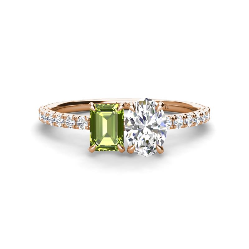 Galina 7x5 mm Emerald Cut Peridot and 8x6 mm Oval Forever One Moissanite 2 Stone Duo Ring 