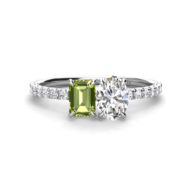 Galina 7x5 mm Emerald Cut Peridot and 8x6 mm Oval Forever One Moissanite 2 Stone Duo Ring 