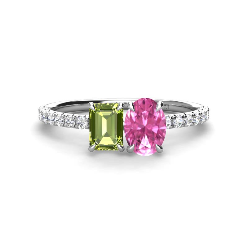 Galina 7x5 mm Emerald Cut Peridot and 8x6 mm Oval Pink Sapphire 2 Stone Duo Ring 