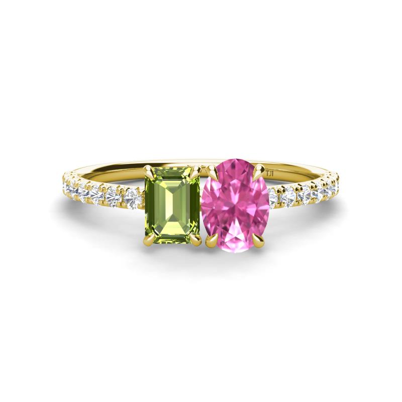 Galina 7x5 mm Emerald Cut Peridot and 8x6 mm Oval Pink Sapphire 2 Stone Duo Ring 