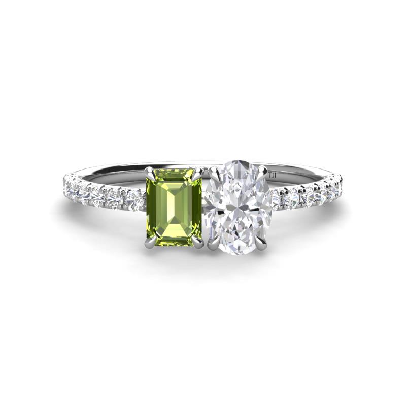 Galina 7x5 mm Emerald Cut Peridot and 8x6 mm Oval White Sapphire 2 Stone Duo Ring 