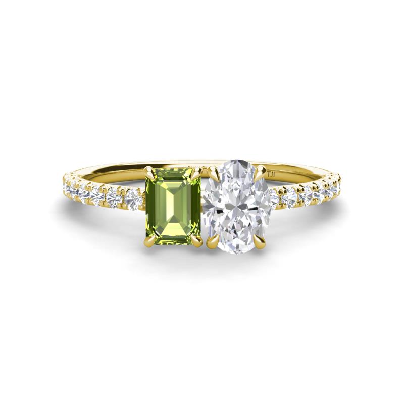 Galina 7x5 mm Emerald Cut Peridot and 8x6 mm Oval White Sapphire 2 Stone Duo Ring 