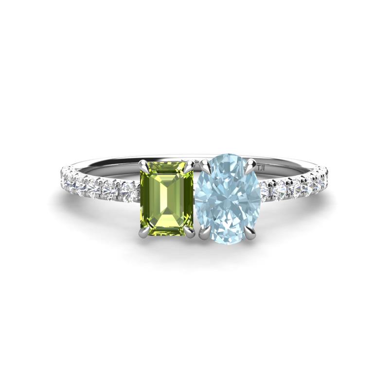 Galina 7x5 mm Emerald Cut Peridot and 8x6 mm Oval Aquamarine 2 Stone Duo Ring 