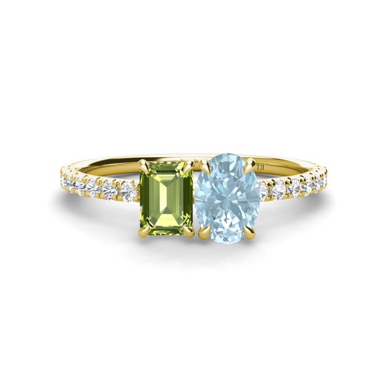 Galina 7x5 mm Emerald Cut Peridot and 8x6 mm Oval Aquamarine 2 Stone Duo Ring 