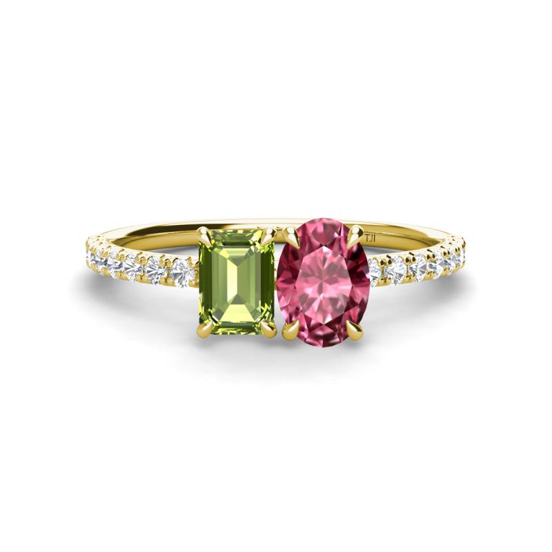 Galina 7x5 mm Emerald Cut Peridot and 8x6 mm Oval Pink Tourmaline 2 Stone Duo Ring 