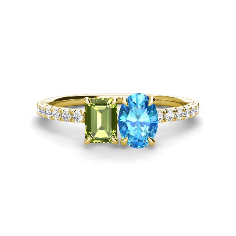 Galina 7x5 mm Emerald Cut Peridot and 8x6 mm Oval Blue Topaz 2 Stone Duo Ring 