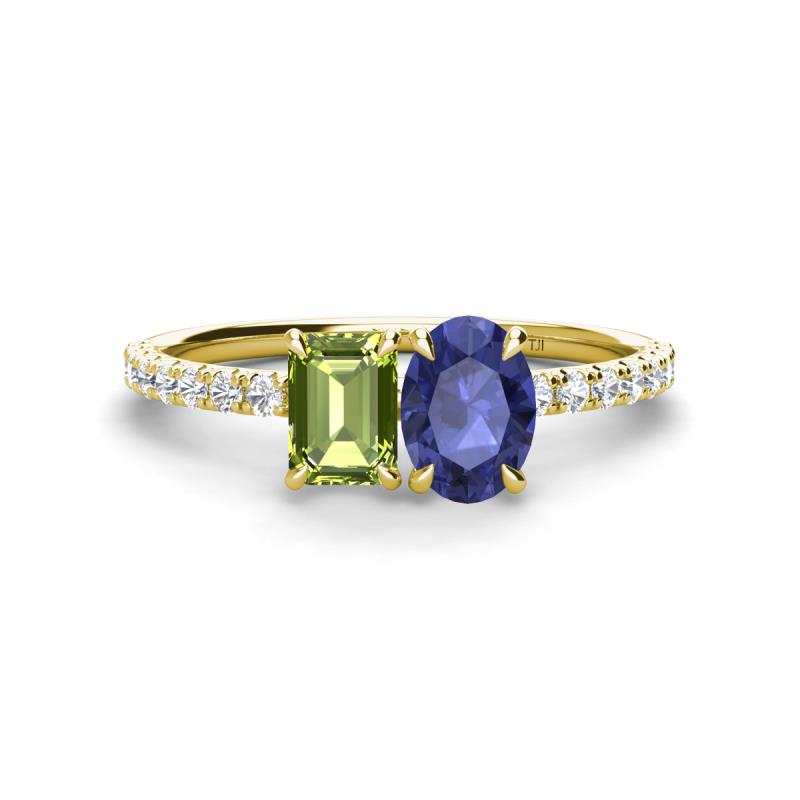 Galina 7x5 mm Emerald Cut Peridot and 8x6 mm Oval Iolite 2 Stone Duo Ring 