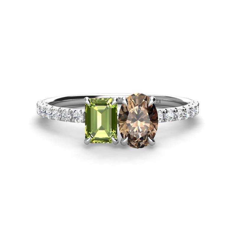 Galina 7x5 mm Emerald Cut Peridot and 8x6 mm Oval Smoky Quartz 2 Stone Duo Ring 
