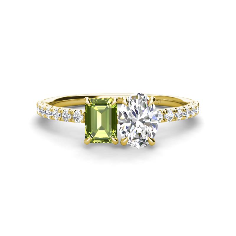 Galina 7x5 mm Emerald Cut Peridot and 8x6 mm Oval Forever Brilliant Moissanite 2 Stone Duo Ring 