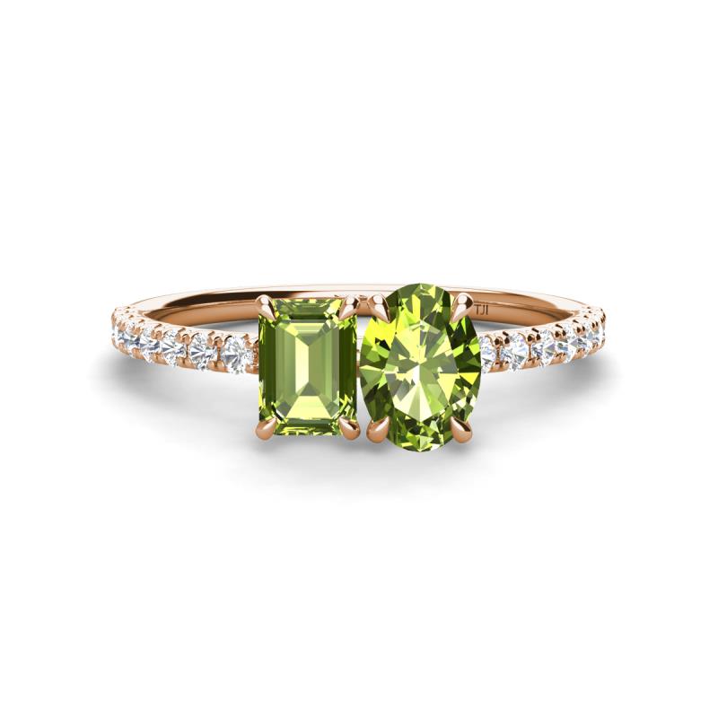 Galina 7x5 mm Emerald Cut Peridot and 8x6 mm Oval Peridot 2 Stone Duo Ring 