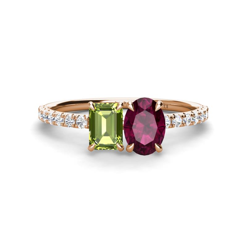 Galina 7x5 mm Emerald Cut Peridot and 8x6 mm Oval Rhodolite Garnet 2 Stone Duo Ring 