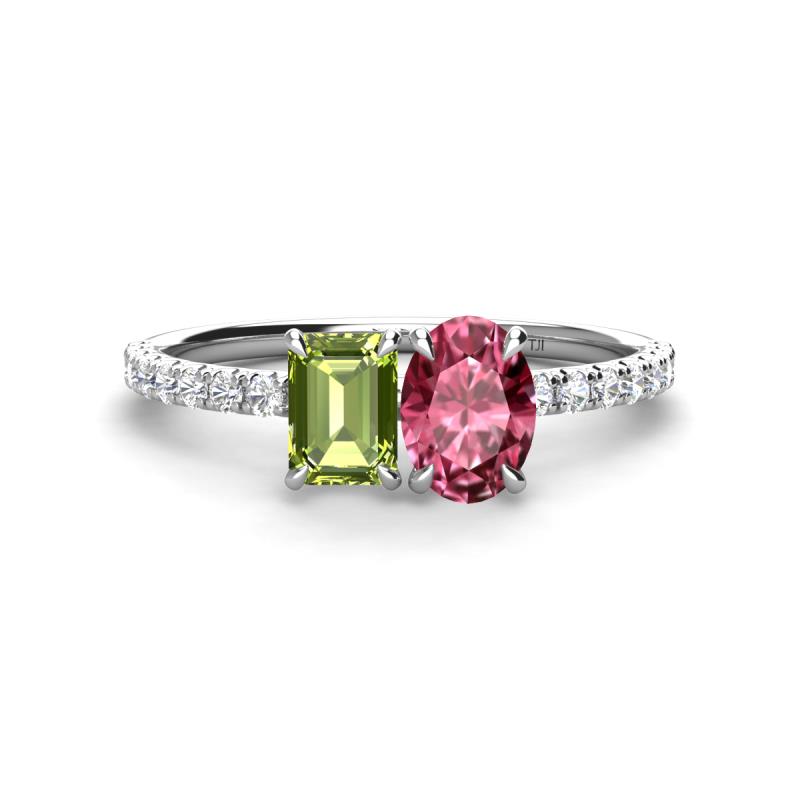 Galina 7x5 mm Emerald Cut Peridot and 8x6 mm Oval Pink Tourmaline 2 Stone Duo Ring 