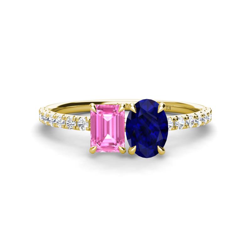 Galina 7x5 mm Emerald Cut Pink Sapphire and 8x6 mm Oval Blue Sapphire 2 Stone Duo Ring 