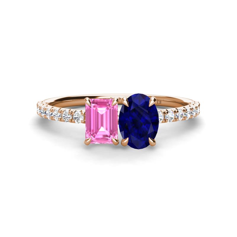 Galina 7x5 mm Emerald Cut Pink Sapphire and 8x6 mm Oval Blue Sapphire 2 Stone Duo Ring 