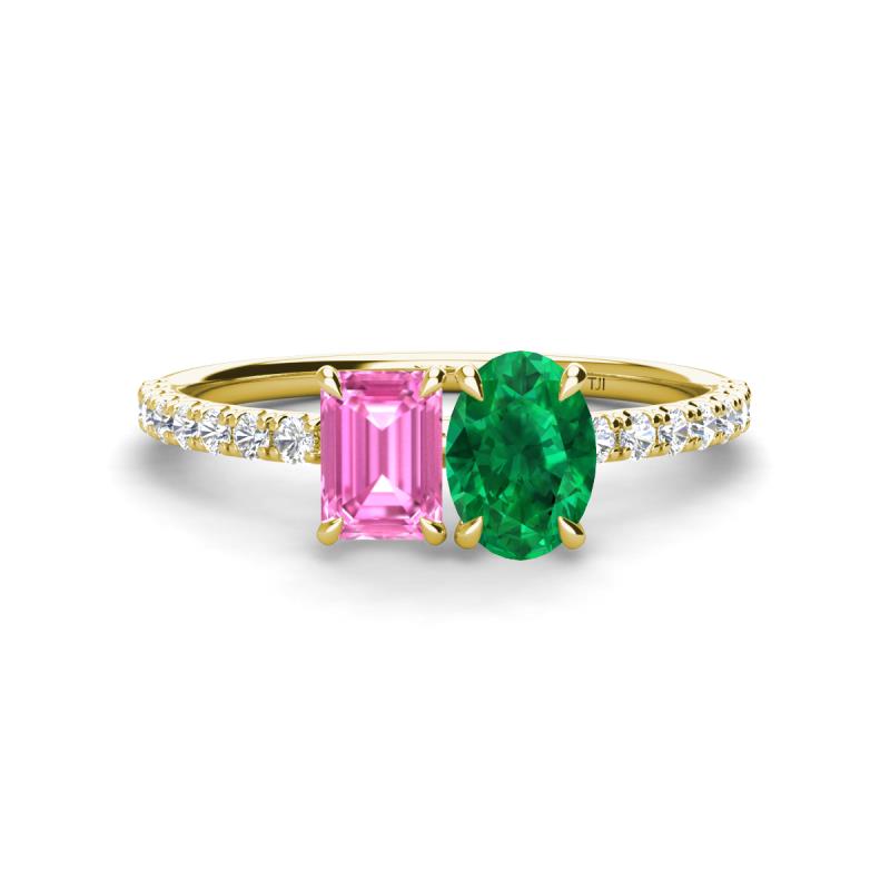Galina 7x5 mm Emerald Cut Pink Sapphire and 8x6 mm Oval Emerald 2 Stone Duo Ring 