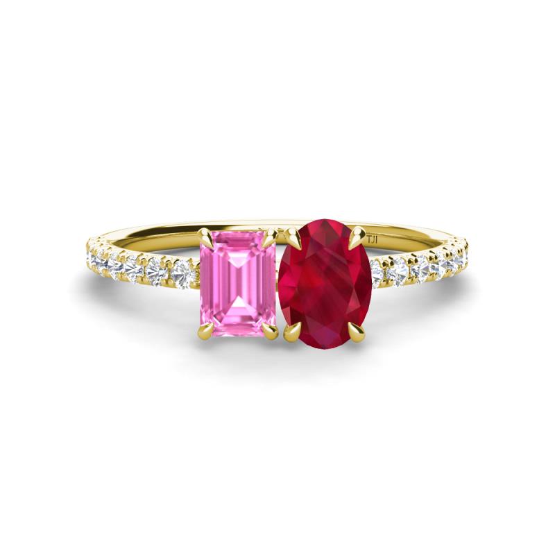 Galina 7x5 mm Emerald Cut Pink Sapphire and 8x6 mm Oval Ruby 2 Stone Duo Ring 