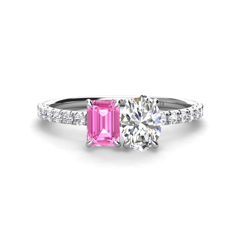 Galina 7x5 mm Emerald Cut Pink Sapphire and IGI Certified 8x6 mm Oval Lab Grown Diamond 2 Stone Duo Ring 