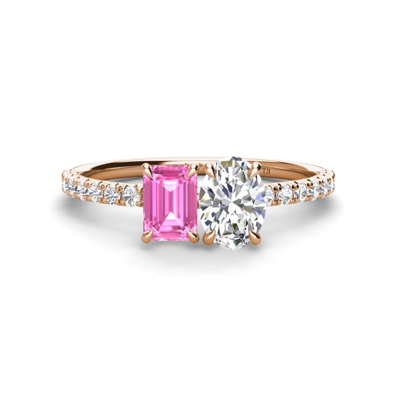Galina 7x5 mm Emerald Cut Pink Sapphire and 8x6 mm Oval Forever Brilliant Moissanite 2 Stone Duo Ring 