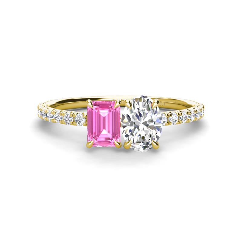 Galina 7x5 mm Emerald Cut Pink Sapphire and 8x6 mm Oval Forever One Moissanite 2 Stone Duo Ring 