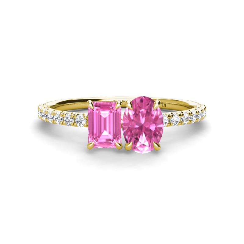 Galina 7x5 mm Emerald Cut and 8x6 mm Oval Pink Sapphire 2 Stone Duo Ring 