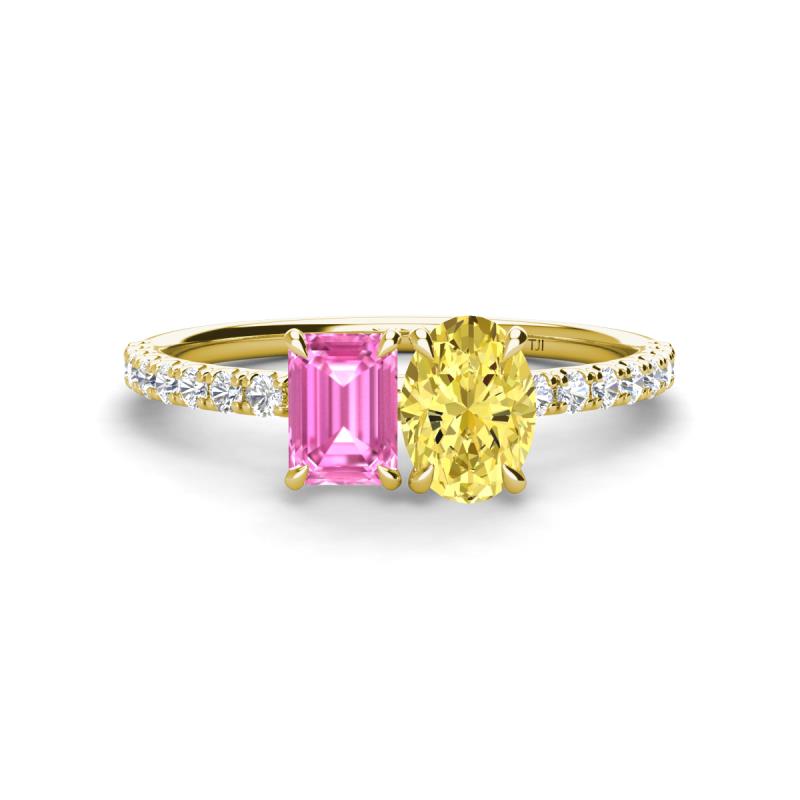 Galina 7x5 mm Emerald Cut Pink Sapphire and 8x6 mm Oval Yellow Sapphire 2 Stone Duo Ring 