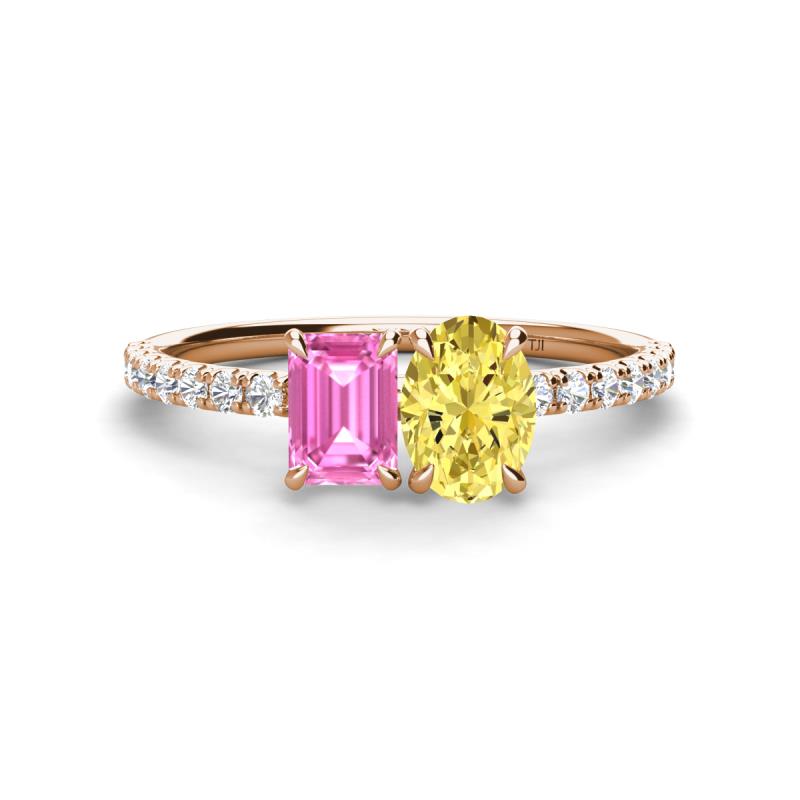 Galina 7x5 mm Emerald Cut Pink Sapphire and 8x6 mm Oval Yellow Sapphire 2 Stone Duo Ring 