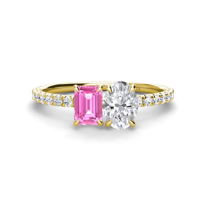 Galina 7x5 mm Emerald Cut Pink Sapphire and 8x6 mm Oval White Sapphire 2 Stone Duo Ring 