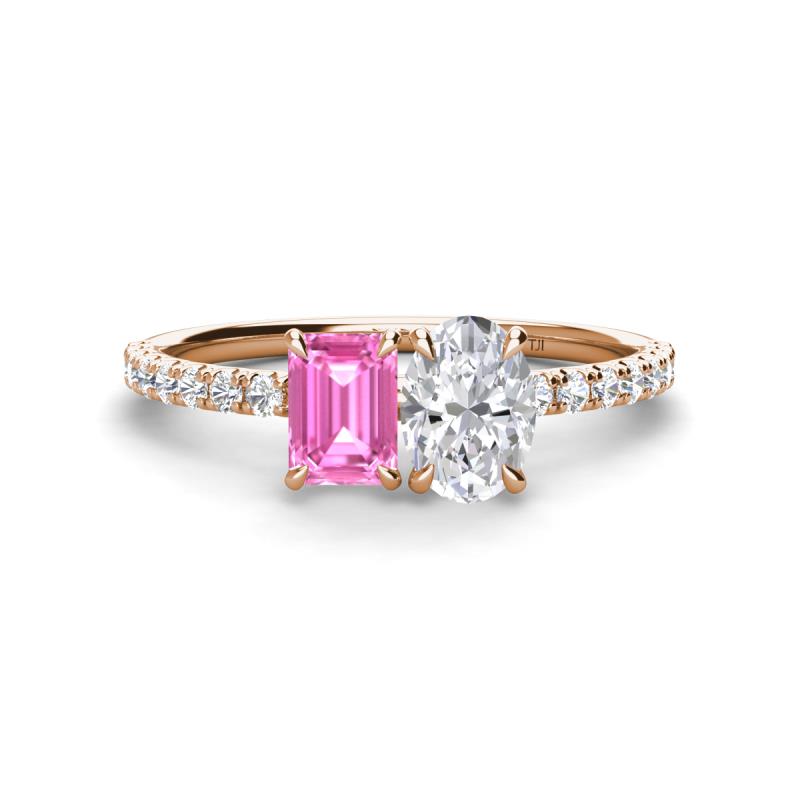 Galina 7x5 mm Emerald Cut Pink Sapphire and 8x6 mm Oval White Sapphire 2 Stone Duo Ring 