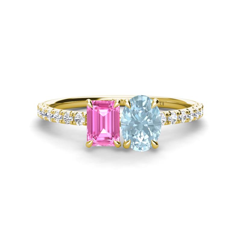 Galina 7x5 mm Emerald Cut Pink Sapphire and 8x6 mm Oval Aquamarine 2 Stone Duo Ring 