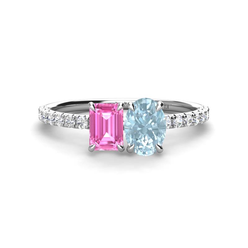 Galina 7x5 mm Emerald Cut Pink Sapphire and 8x6 mm Oval Aquamarine 2 Stone Duo Ring 