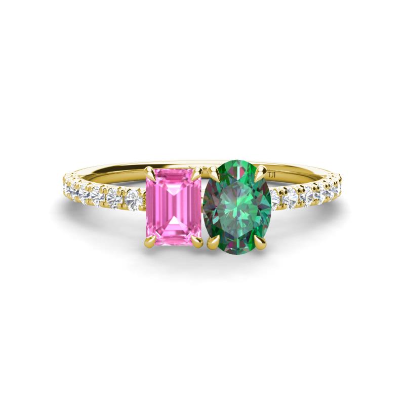 Galina 7x5 mm Emerald Cut Pink Sapphire and 8x6 mm Oval Lab Created Alexandrite 2 Stone Duo Ring 