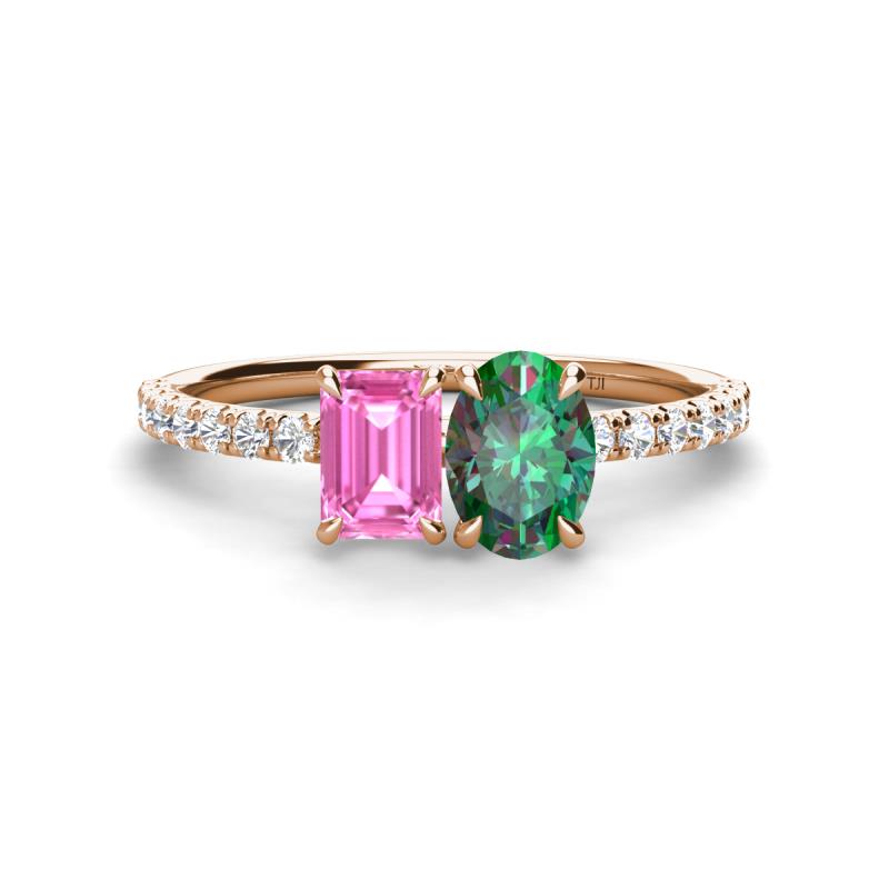 Galina 7x5 mm Emerald Cut Pink Sapphire and 8x6 mm Oval Lab Created Alexandrite 2 Stone Duo Ring 