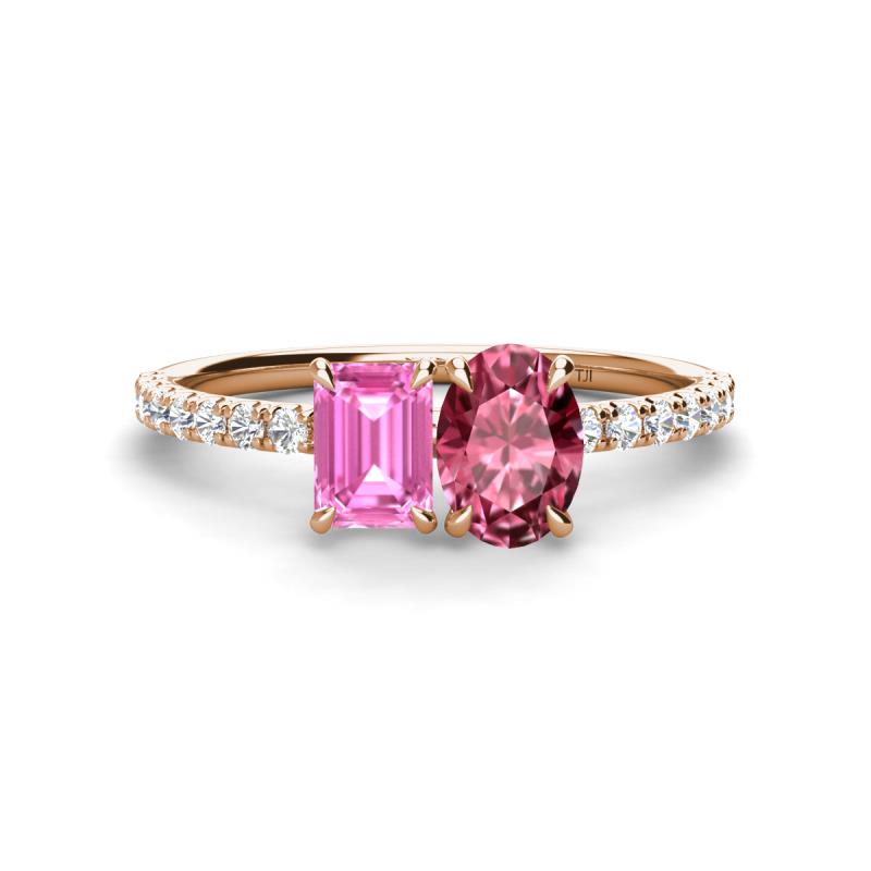 Galina 7x5 mm Emerald Cut Pink Sapphire and 8x6 mm Oval Pink Tourmaline 2 Stone Duo Ring 