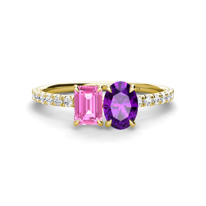 Galina 7x5 mm Emerald Cut Pink Sapphire and 8x6 mm Oval Amethyst 2 Stone Duo Ring 