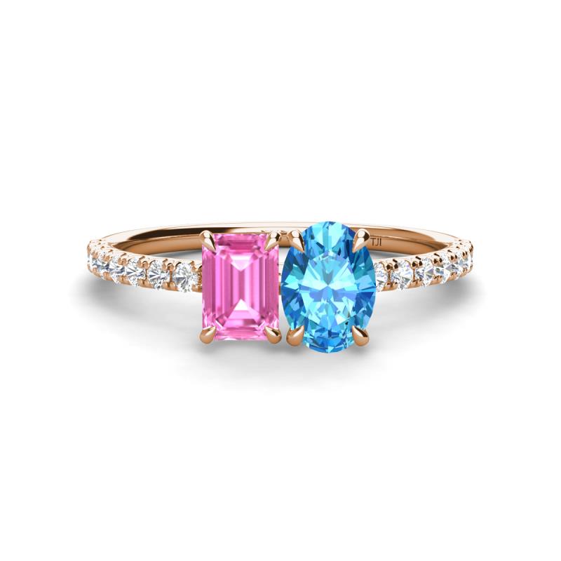 Galina 7x5 mm Emerald Cut Pink Sapphire and 8x6 mm Oval Blue Topaz 2 Stone Duo Ring 