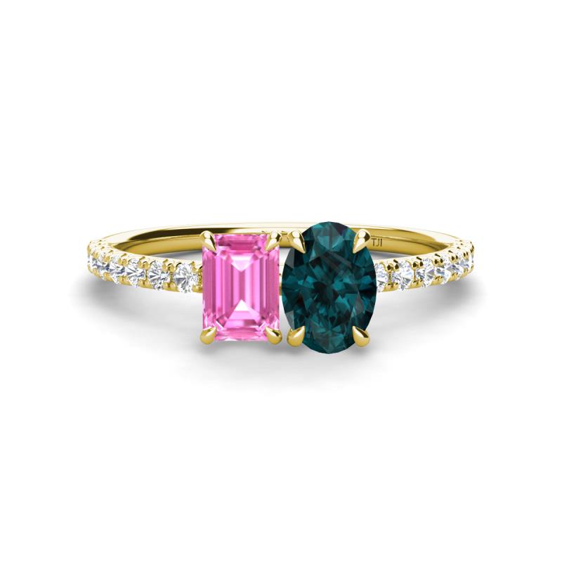 Galina 7x5 mm Emerald Cut Pink Sapphire and 8x6 mm Oval London Blue Topaz 2 Stone Duo Ring 