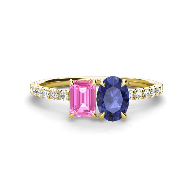 Galina 7x5 mm Emerald Cut Pink Sapphire and 8x6 mm Oval Iolite 2 Stone Duo Ring 